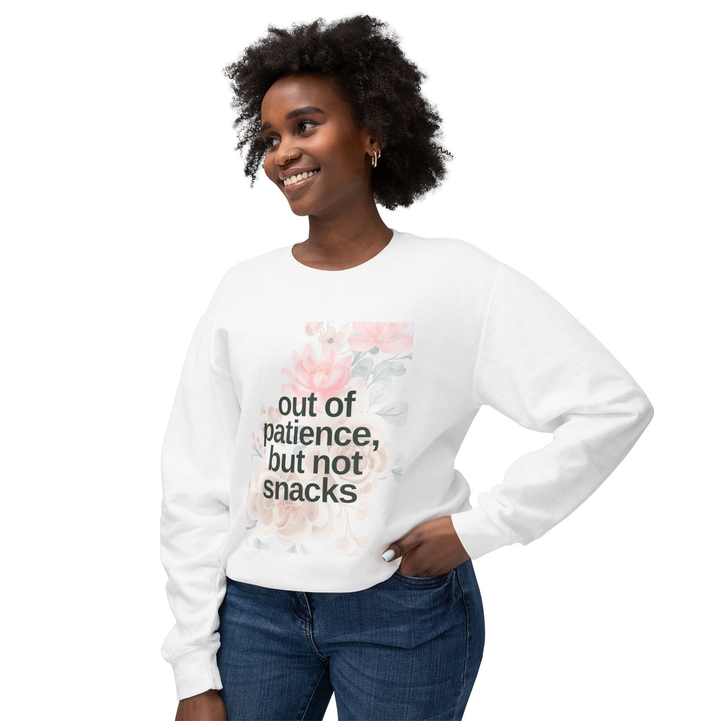 Mom Funny Sweatshirt - Out of Patience, But Not Snacks - Unisex Lightweight Crewneck Sweatshirt