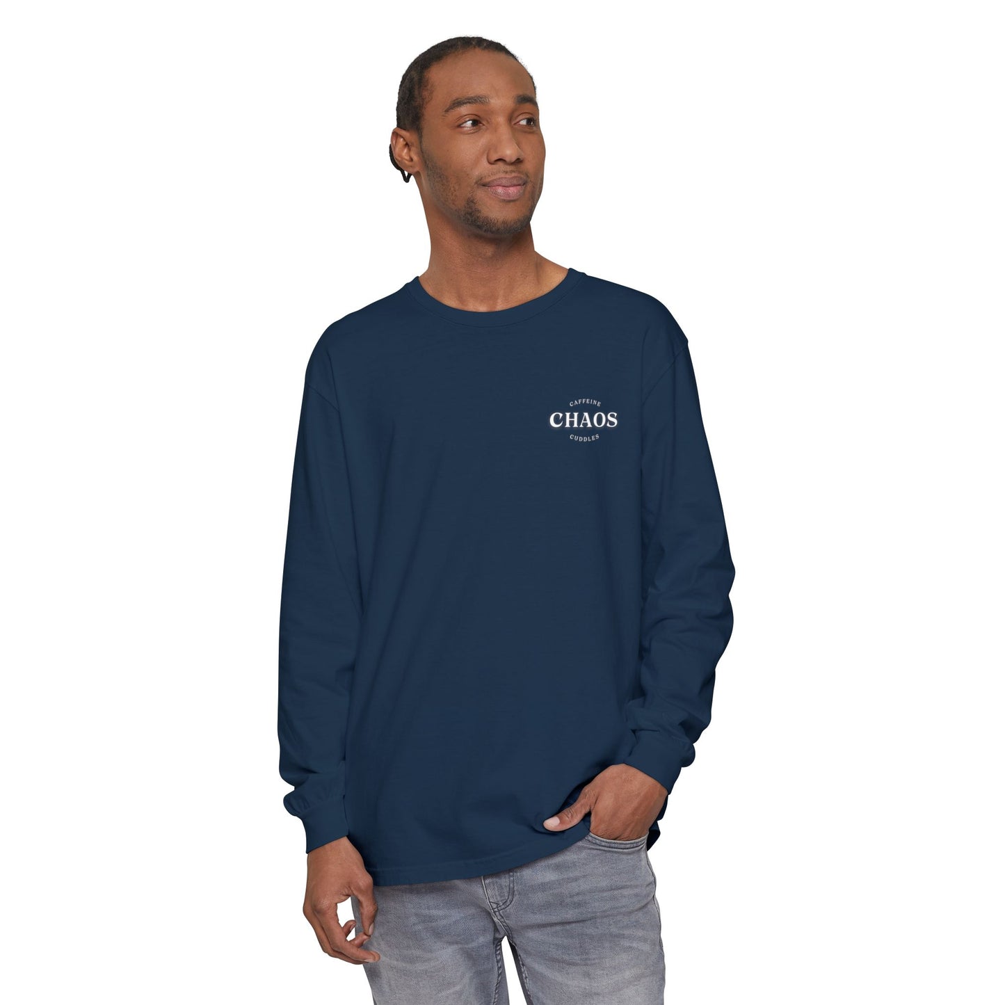 Caffeine Chaos & Cuddles Long Sleeve Tshirt – Cozy Mom or Dad Crewneck – Unisex Garment-Dyed Pullover