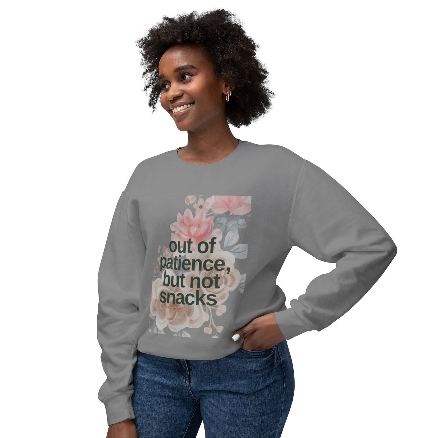 Mom Funny Sweatshirt - Out of Patience, But Not Snacks - Unisex Lightweight Crewneck Sweatshirt