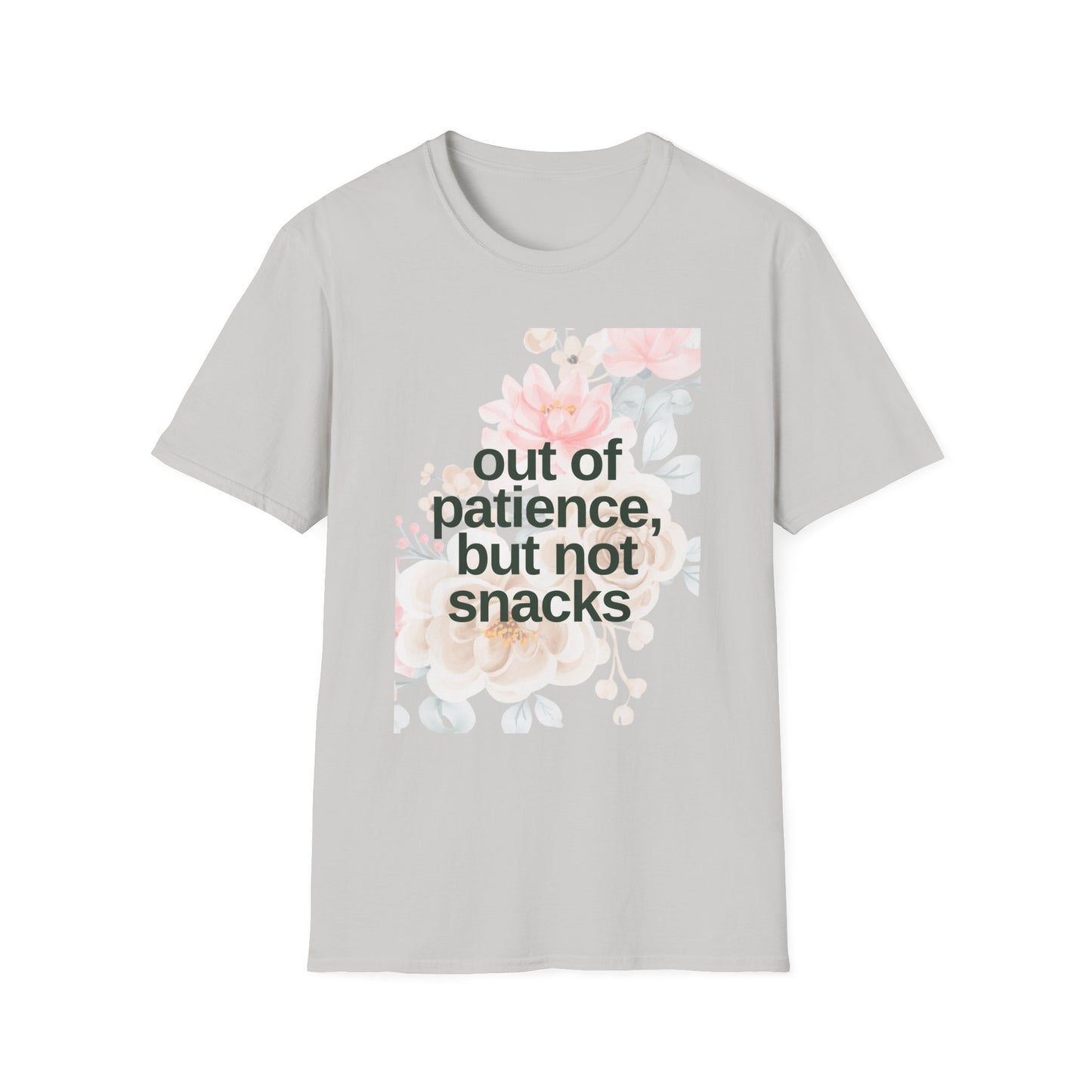 Floral Mom Quote T-Shirt - 'Out of Patience, But Not Snacks'