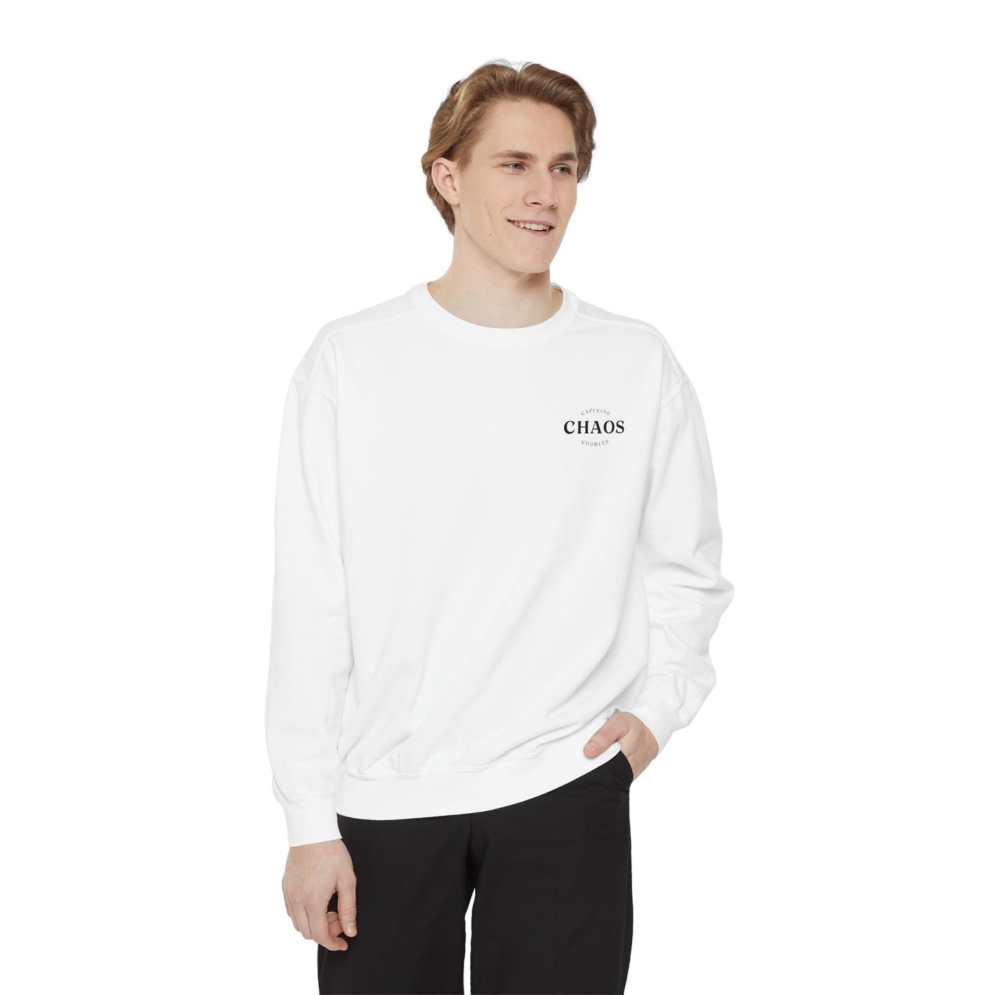 Caffeine Chaos & Cuddles Sweatshirt – Cozy Mom Crewneck – Unisex Garment-Dyed Pullover