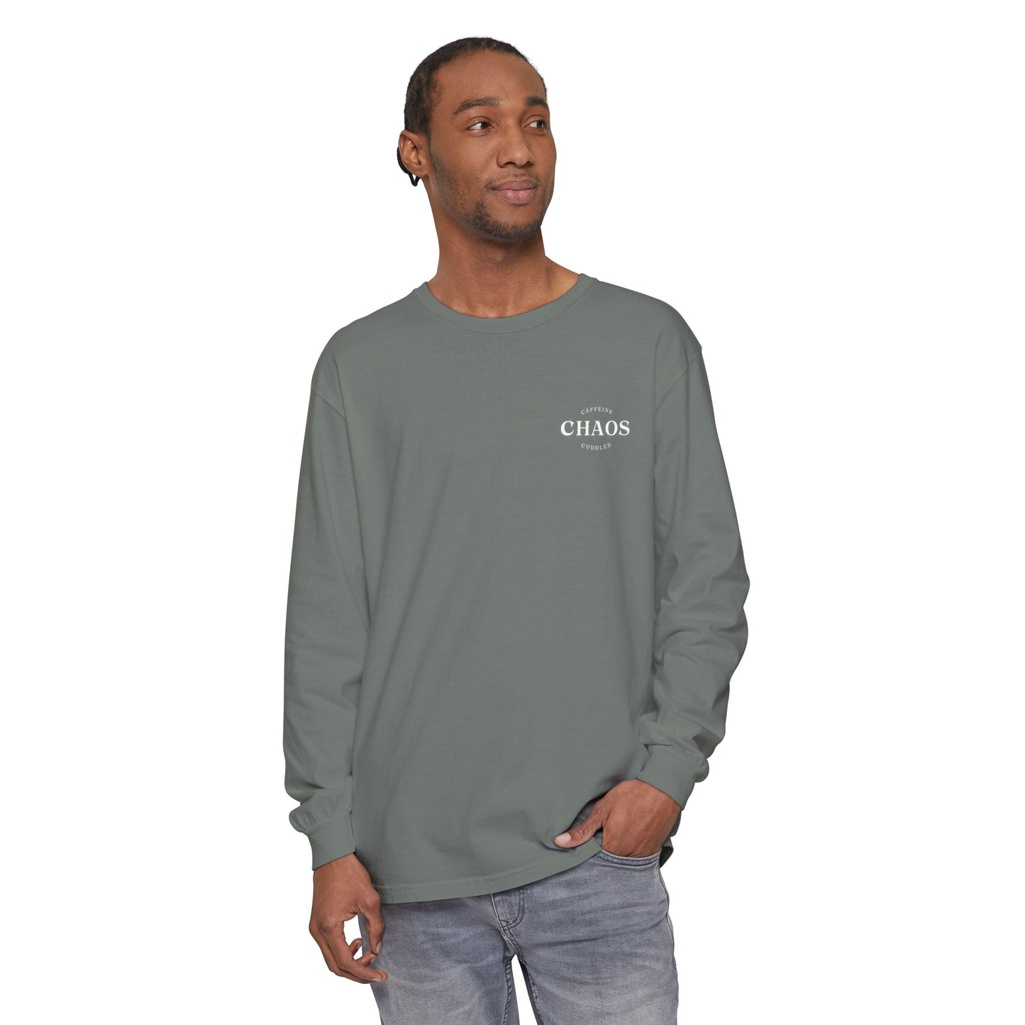 Caffeine Chaos & Cuddles Long Sleeve Tshirt – Cozy Mom or Dad Crewneck – Unisex Garment-Dyed Pullover