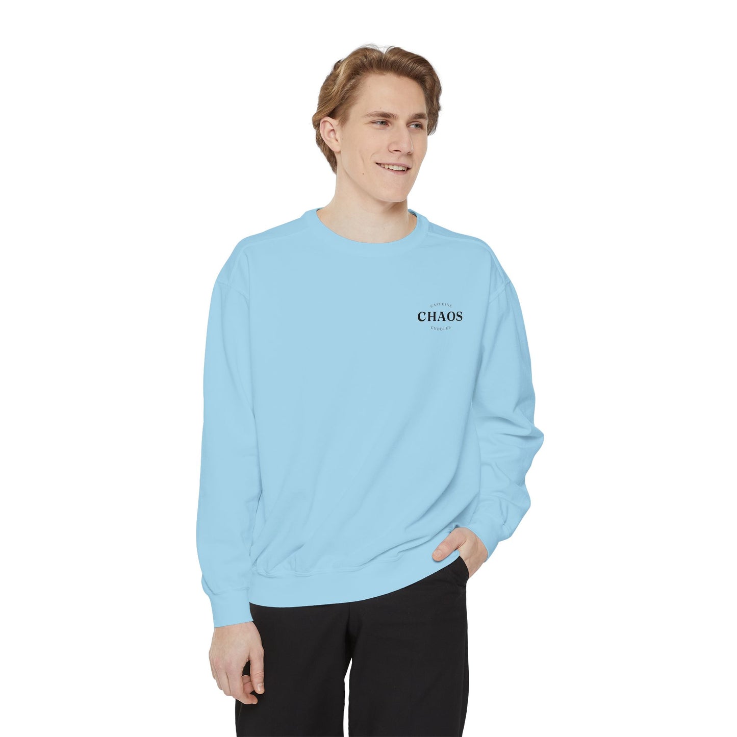 Caffeine Chaos & Cuddles Sweatshirt – Cozy Mom Crewneck – Unisex Garment-Dyed Pullover