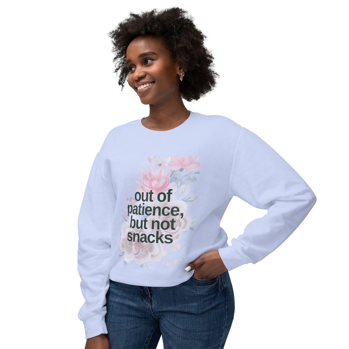 Mom Funny Sweatshirt - Out of Patience, But Not Snacks - Unisex Lightweight Crewneck Sweatshirt