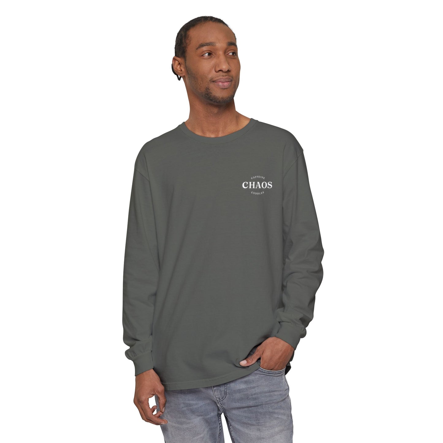 Caffeine Chaos & Cuddles Long Sleeve Tshirt – Cozy Mom or Dad Crewneck – Unisex Garment-Dyed Pullover
