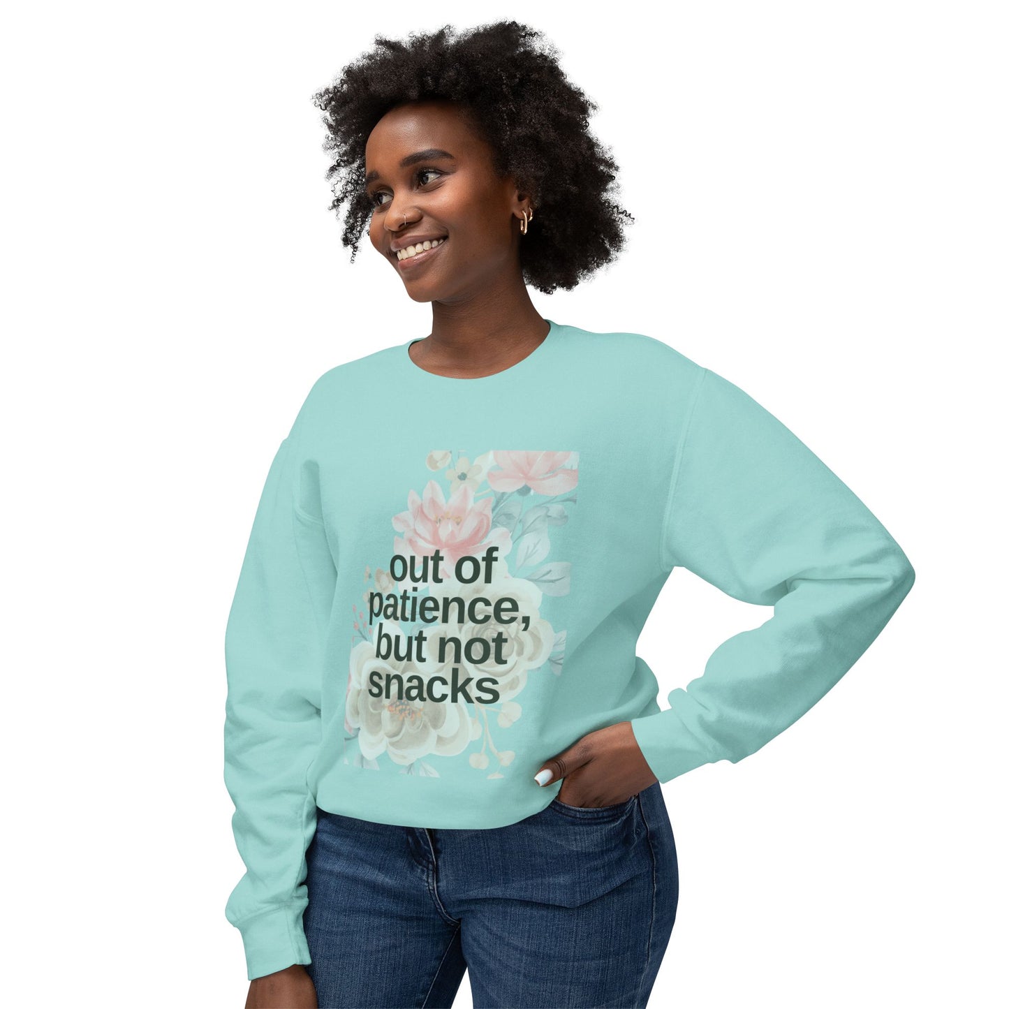 Mom Funny Sweatshirt - Out of Patience, But Not Snacks - Unisex Lightweight Crewneck Sweatshirt