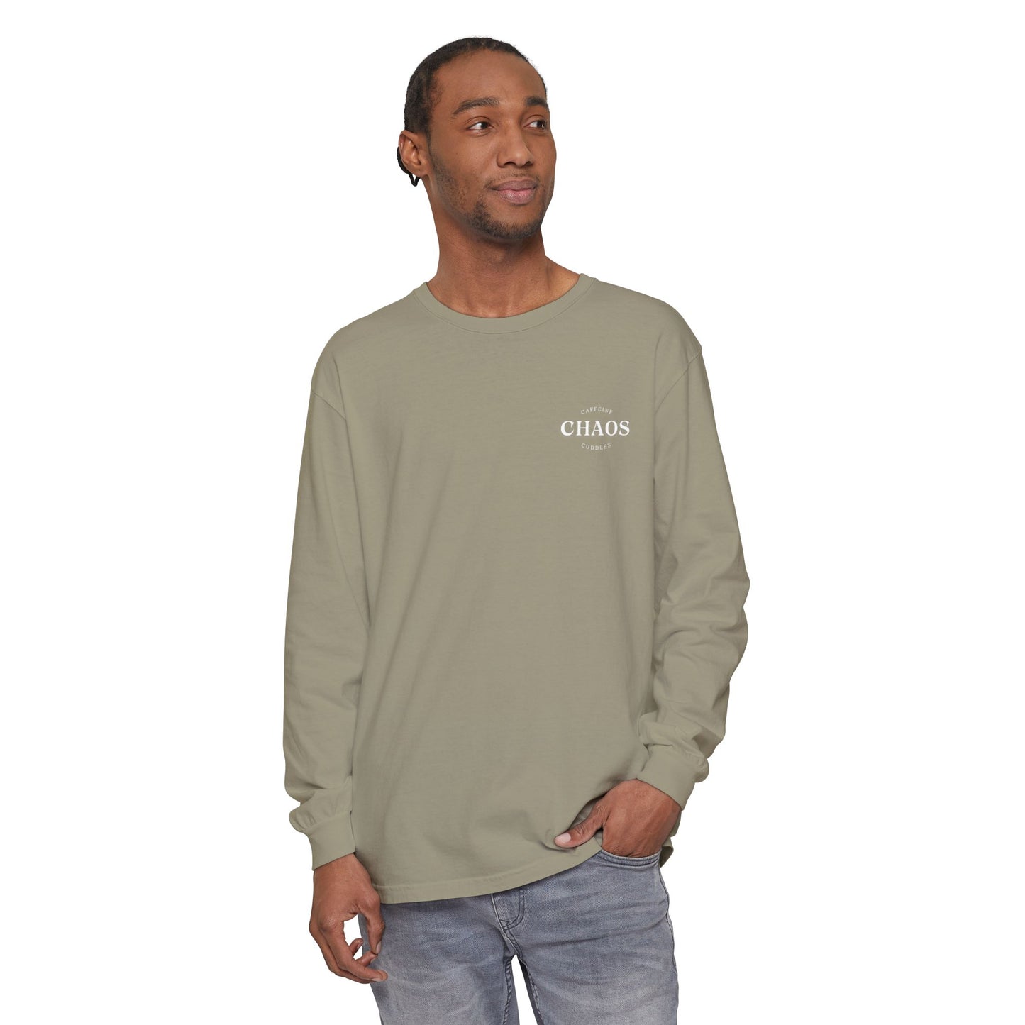 Caffeine Chaos & Cuddles Long Sleeve Tshirt – Cozy Mom or Dad Crewneck – Unisex Garment-Dyed Pullover