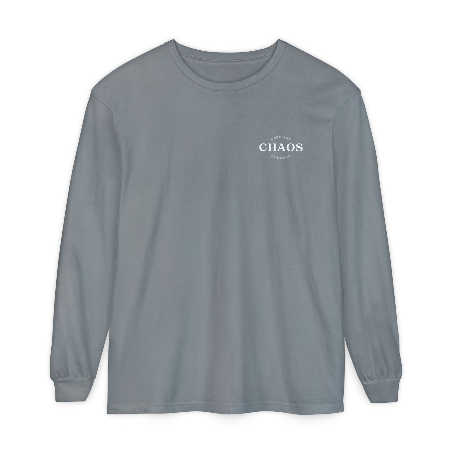Caffeine Chaos & Cuddles Long Sleeve Tshirt – Cozy Mom or Dad Crewneck – Unisex Garment-Dyed Pullover