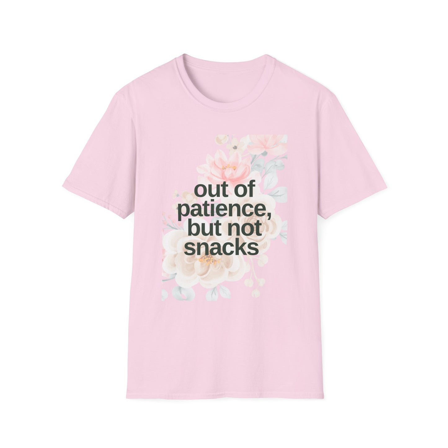 Floral Mom Quote T-Shirt - 'Out of Patience, But Not Snacks'