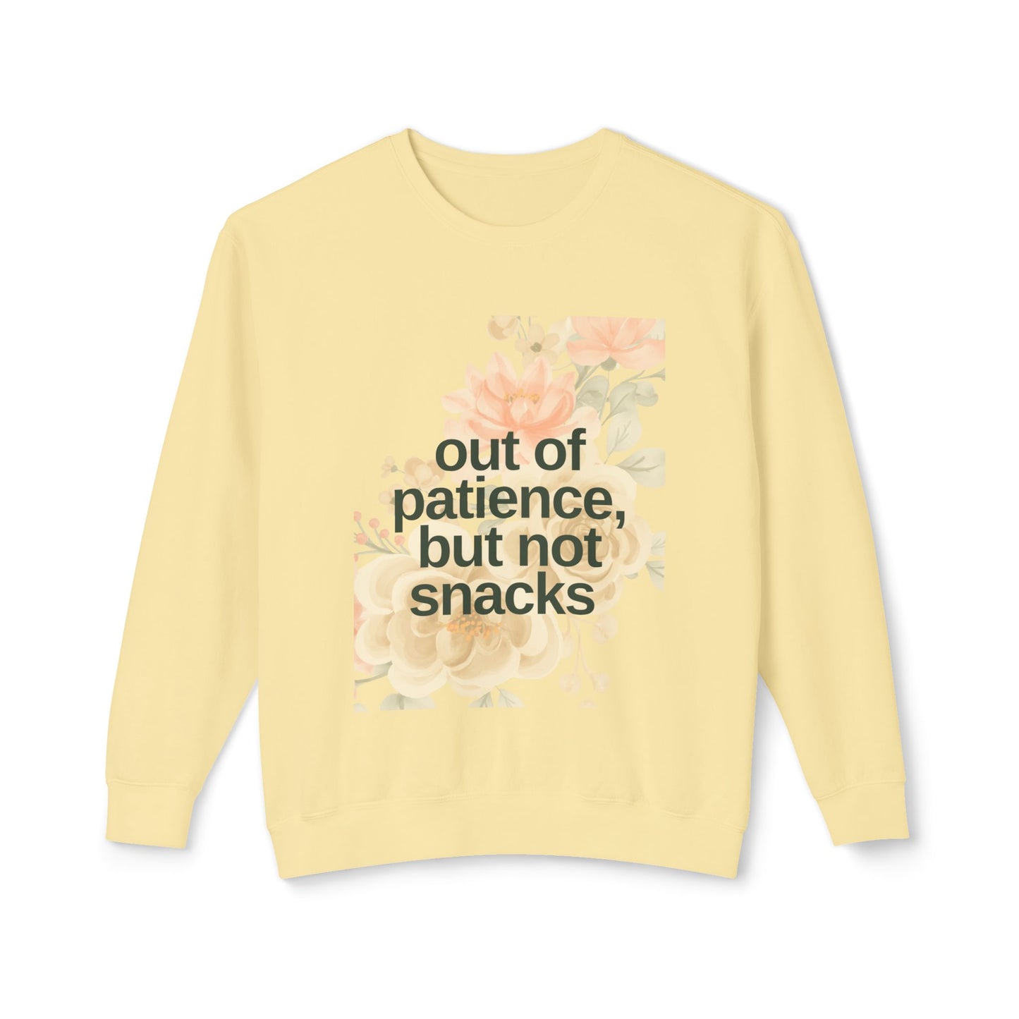 Mom Funny Sweatshirt - Out of Patience, But Not Snacks - Unisex Lightweight Crewneck Sweatshirt