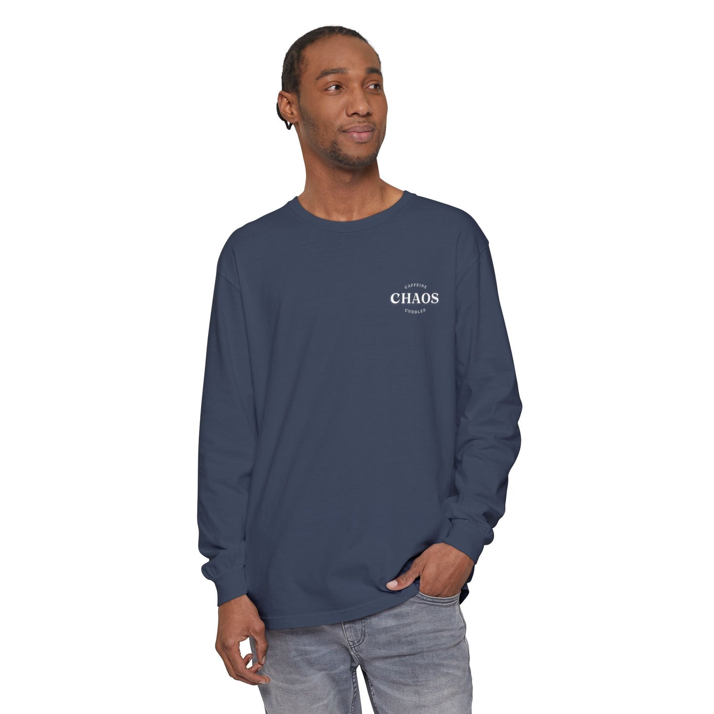 Caffeine Chaos & Cuddles Long Sleeve Tshirt – Cozy Mom or Dad Crewneck – Unisex Garment-Dyed Pullover