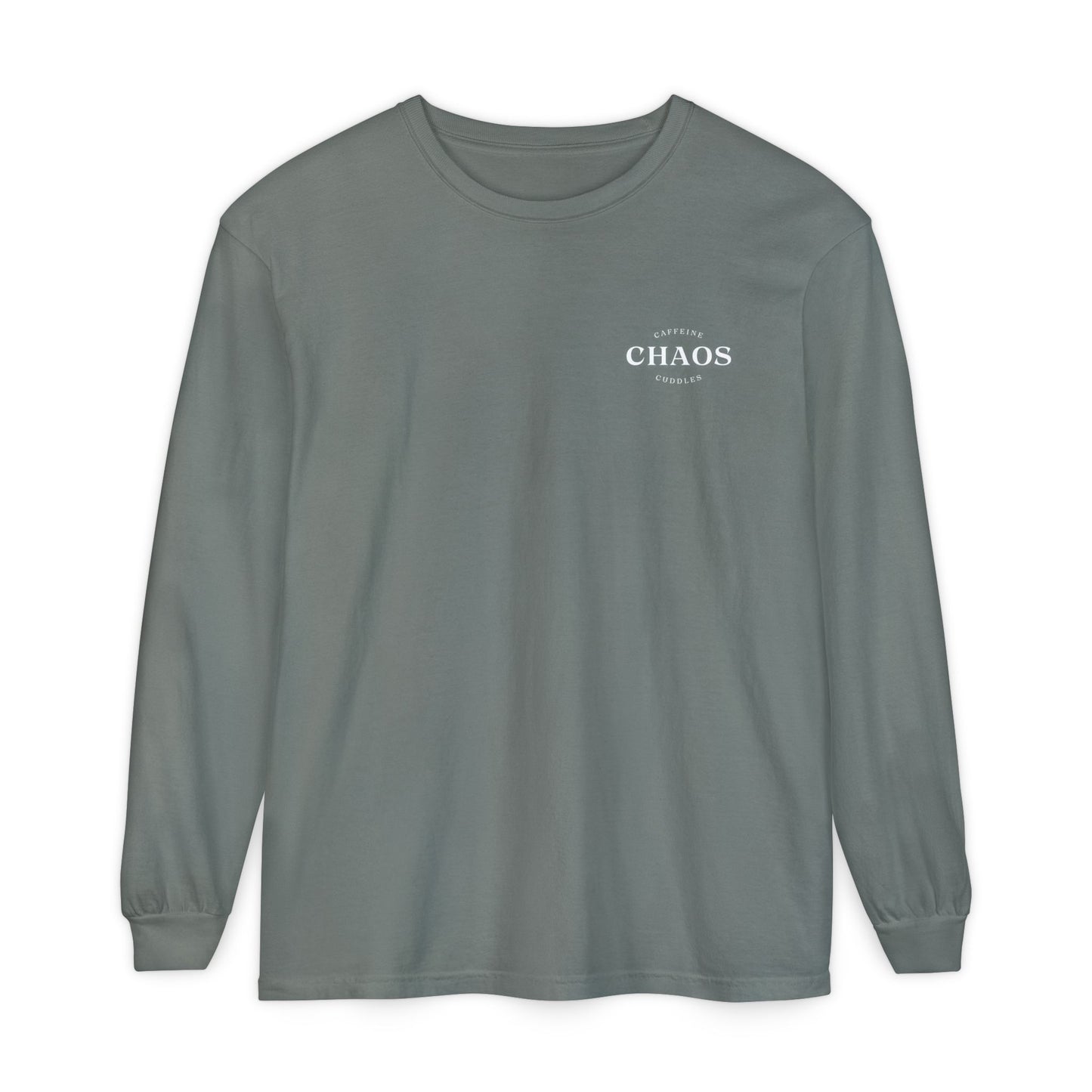 Caffeine Chaos & Cuddles Long Sleeve Tshirt – Cozy Mom or Dad Crewneck – Unisex Garment-Dyed Pullover