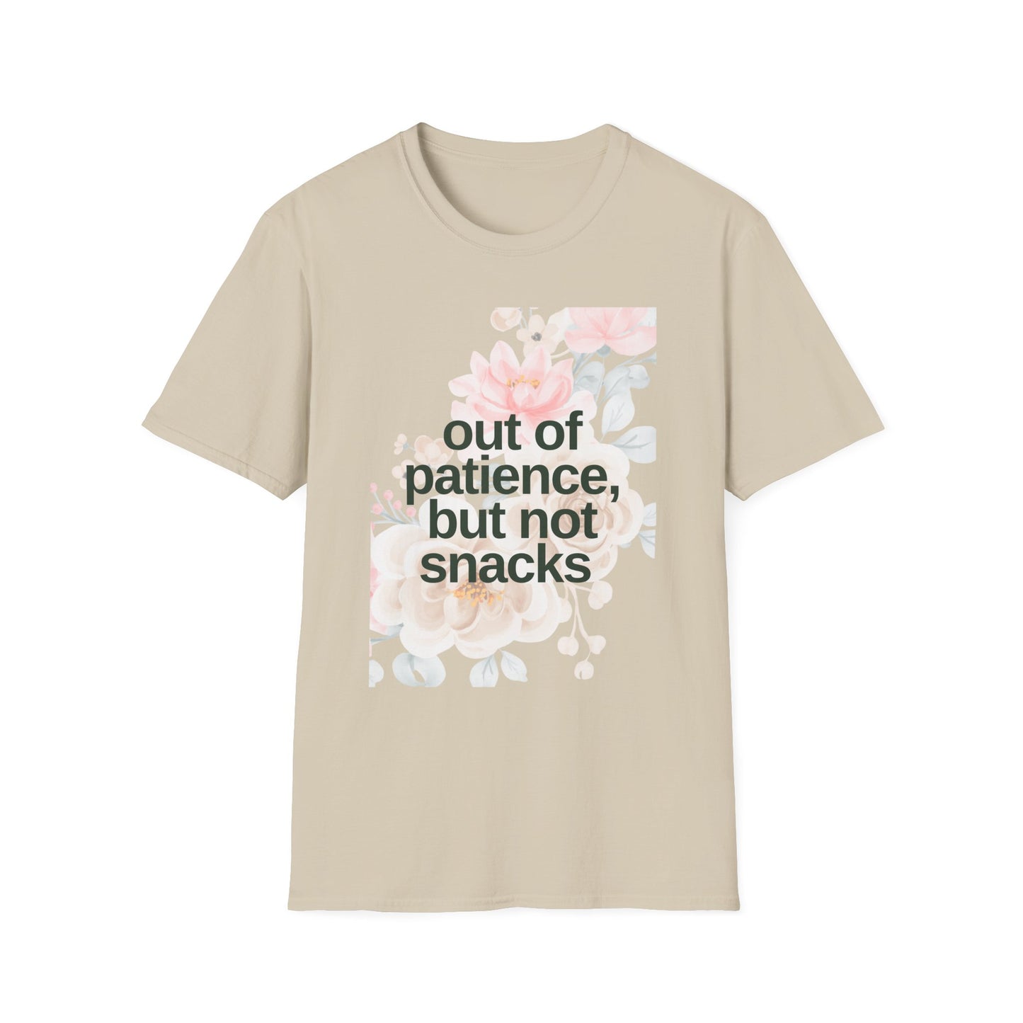 Floral Mom Quote T-Shirt - 'Out of Patience, But Not Snacks'