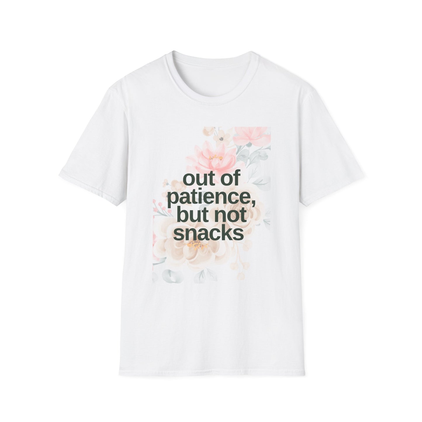 Floral Mom Quote T-Shirt - 'Out of Patience, But Not Snacks'