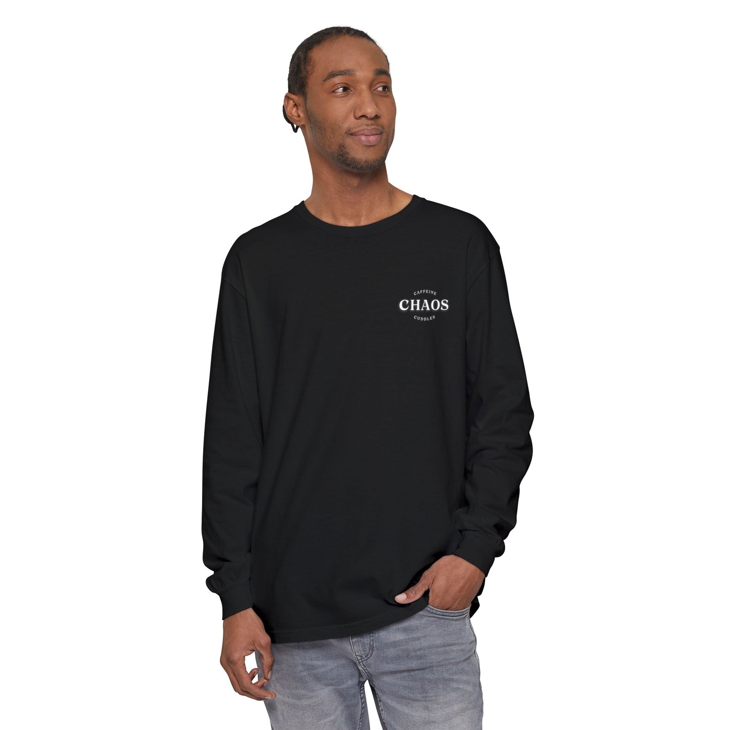 Caffeine Chaos & Cuddles Long Sleeve Tshirt – Cozy Mom or Dad Crewneck – Unisex Garment-Dyed Pullover
