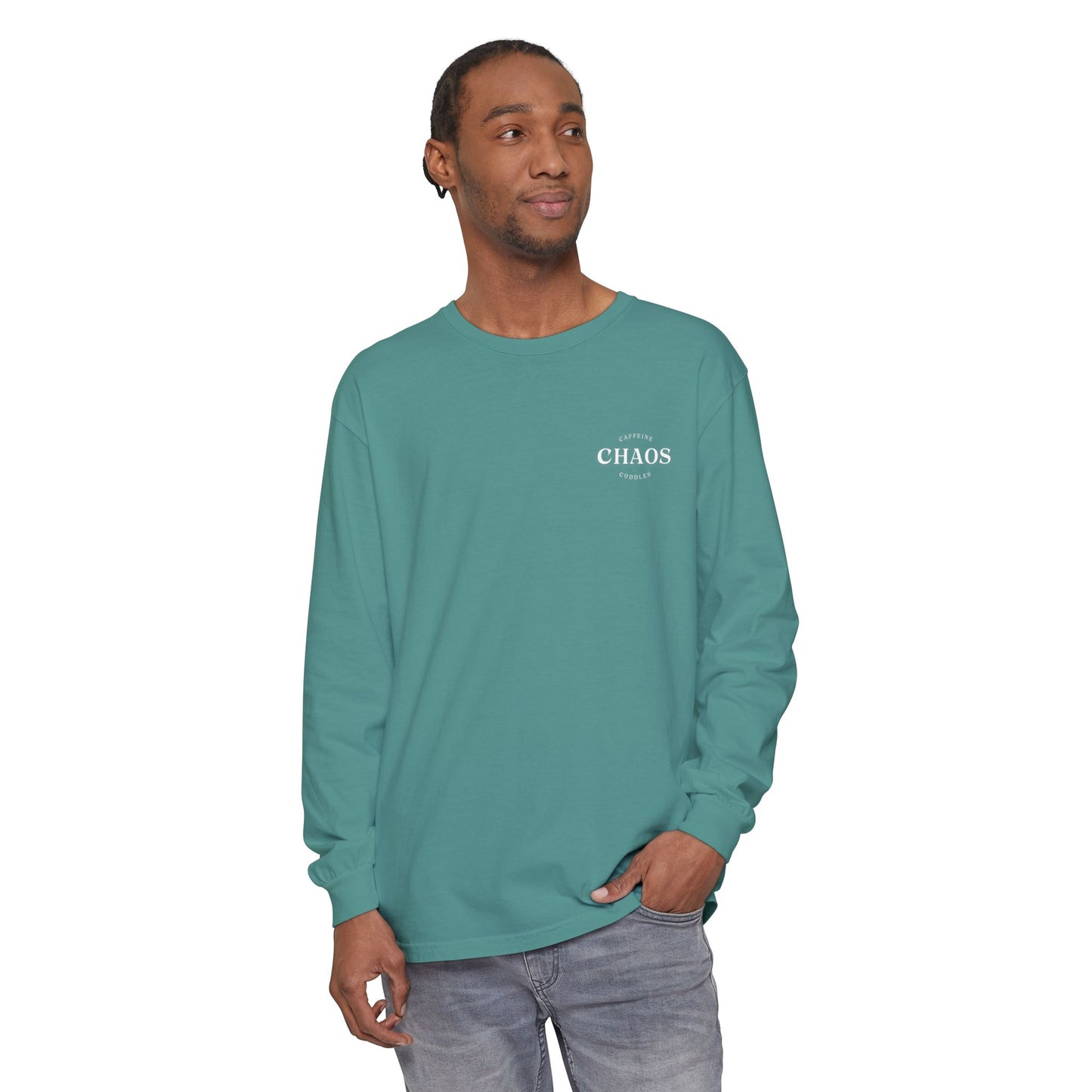 Caffeine Chaos & Cuddles Long Sleeve Tshirt – Cozy Mom or Dad Crewneck – Unisex Garment-Dyed Pullover