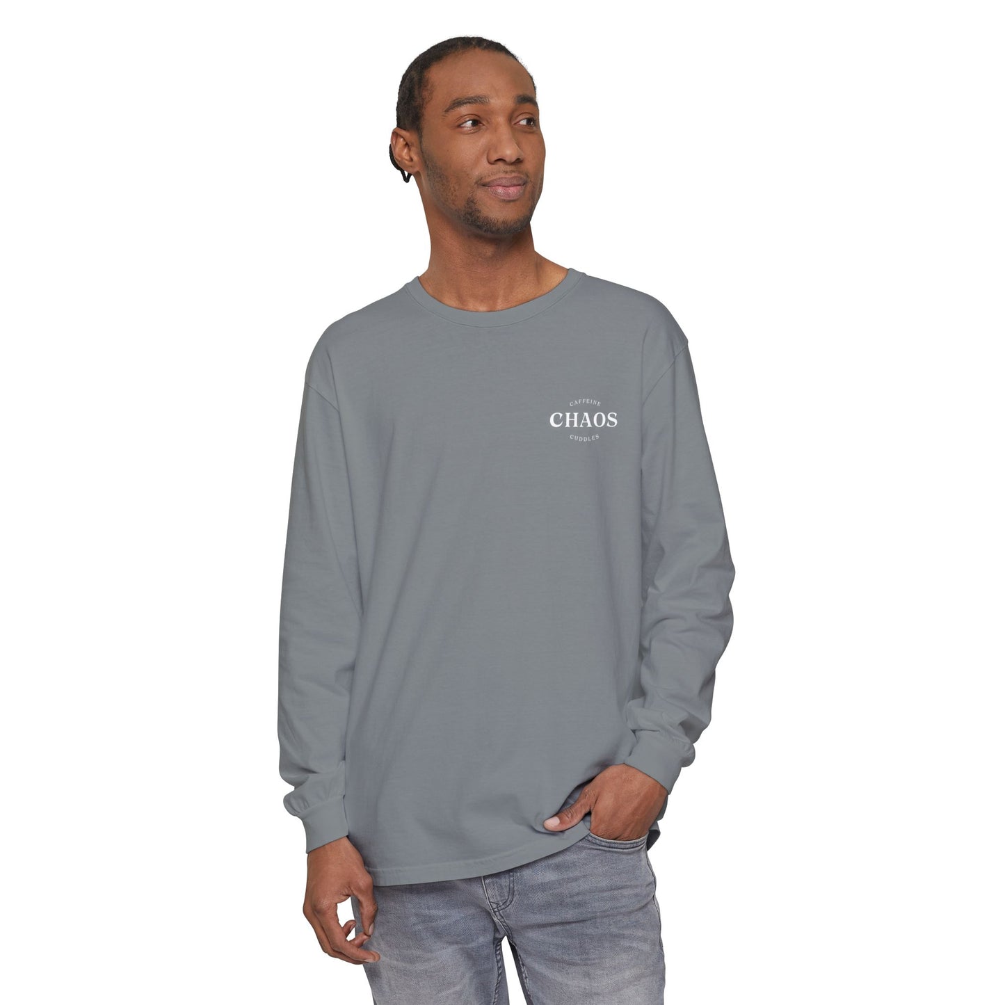 Caffeine Chaos & Cuddles Long Sleeve Tshirt – Cozy Mom or Dad Crewneck – Unisex Garment-Dyed Pullover