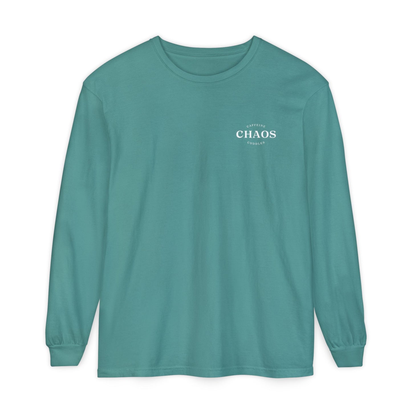 Caffeine Chaos & Cuddles Long Sleeve Tshirt – Cozy Mom or Dad Crewneck – Unisex Garment-Dyed Pullover