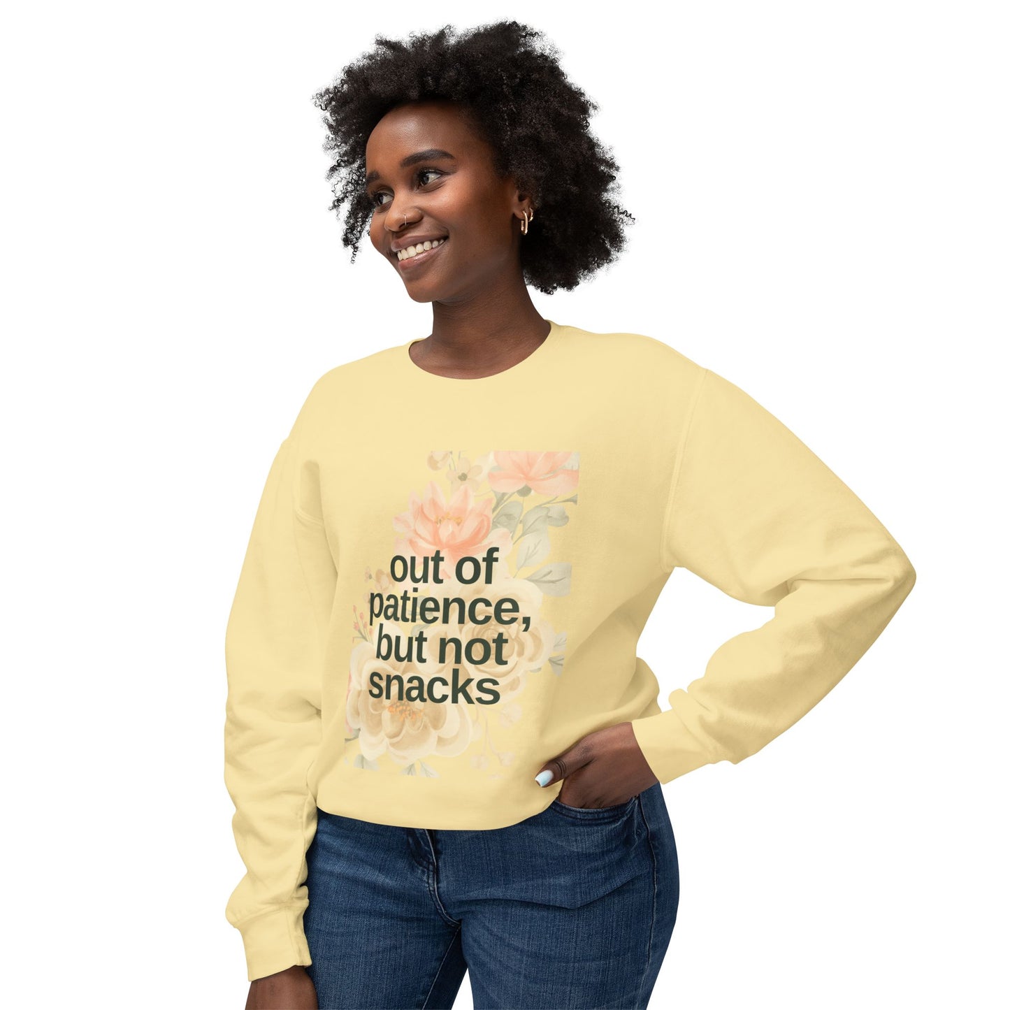 Mom Funny Sweatshirt - Out of Patience, But Not Snacks - Unisex Lightweight Crewneck Sweatshirt