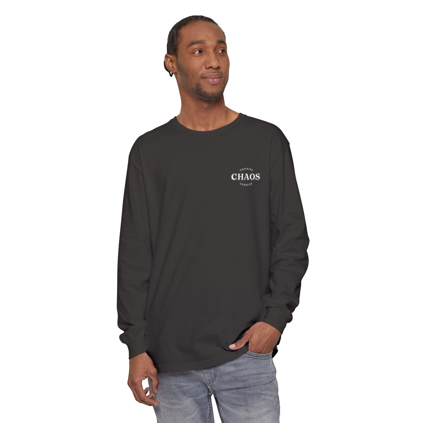 Caffeine Chaos & Cuddles Long Sleeve Tshirt – Cozy Mom or Dad Crewneck – Unisex Garment-Dyed Pullover