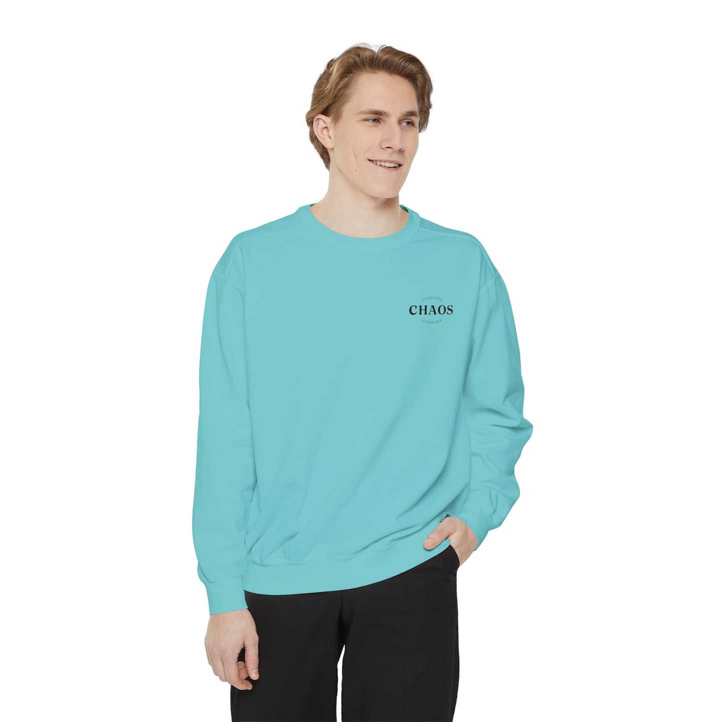 Caffeine Chaos & Cuddles Sweatshirt – Cozy Mom Crewneck – Unisex Garment-Dyed Pullover