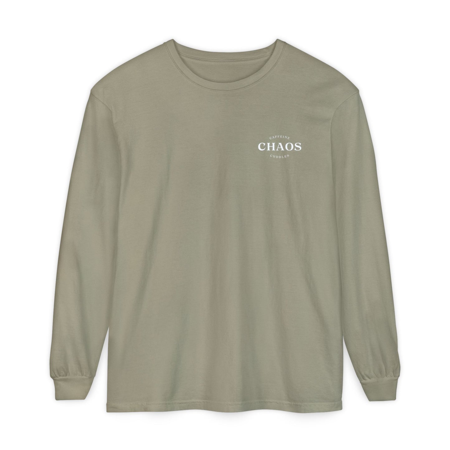 Caffeine Chaos & Cuddles Long Sleeve Tshirt – Cozy Mom or Dad Crewneck – Unisex Garment-Dyed Pullover