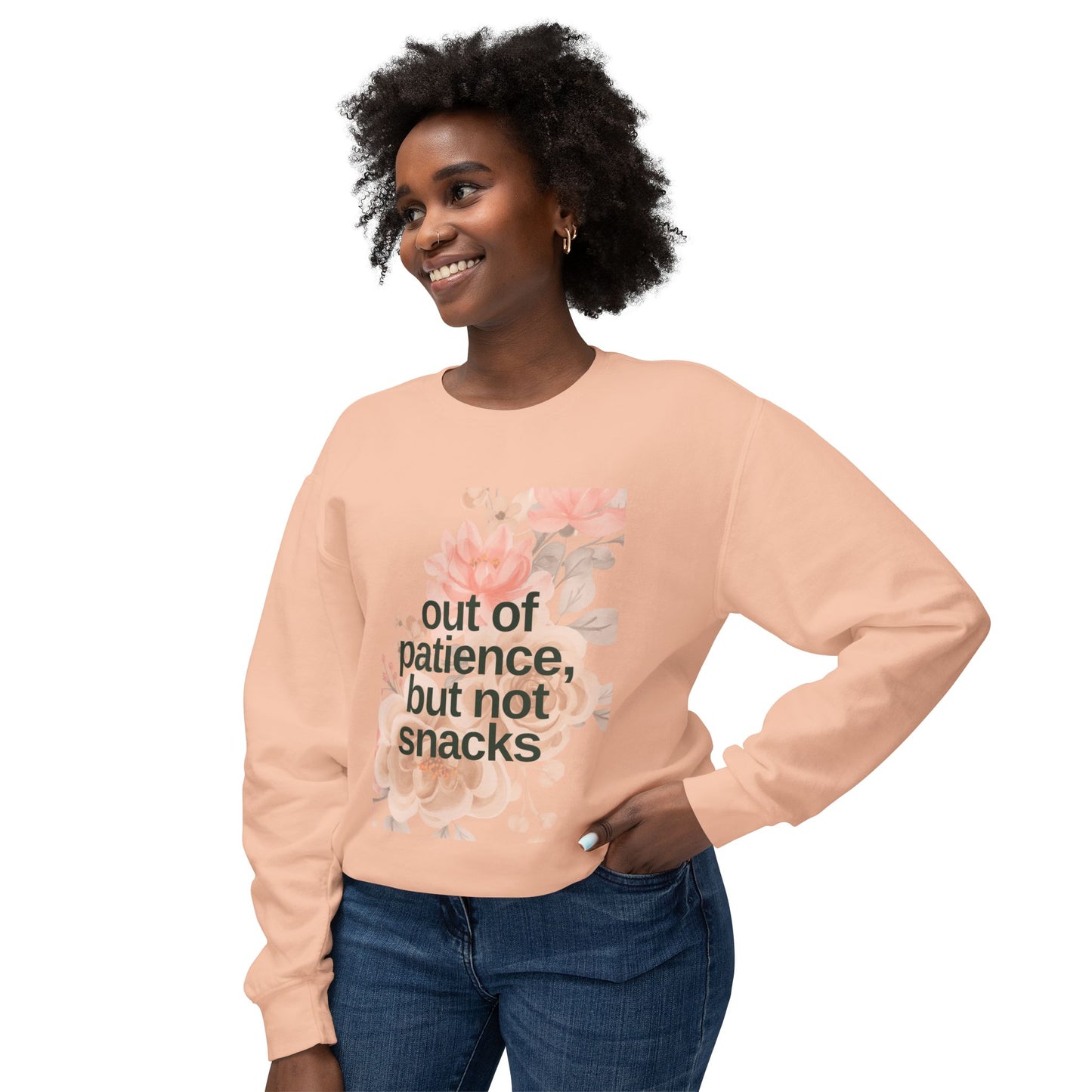 Mom Funny Sweatshirt - Out of Patience, But Not Snacks - Unisex Lightweight Crewneck Sweatshirt